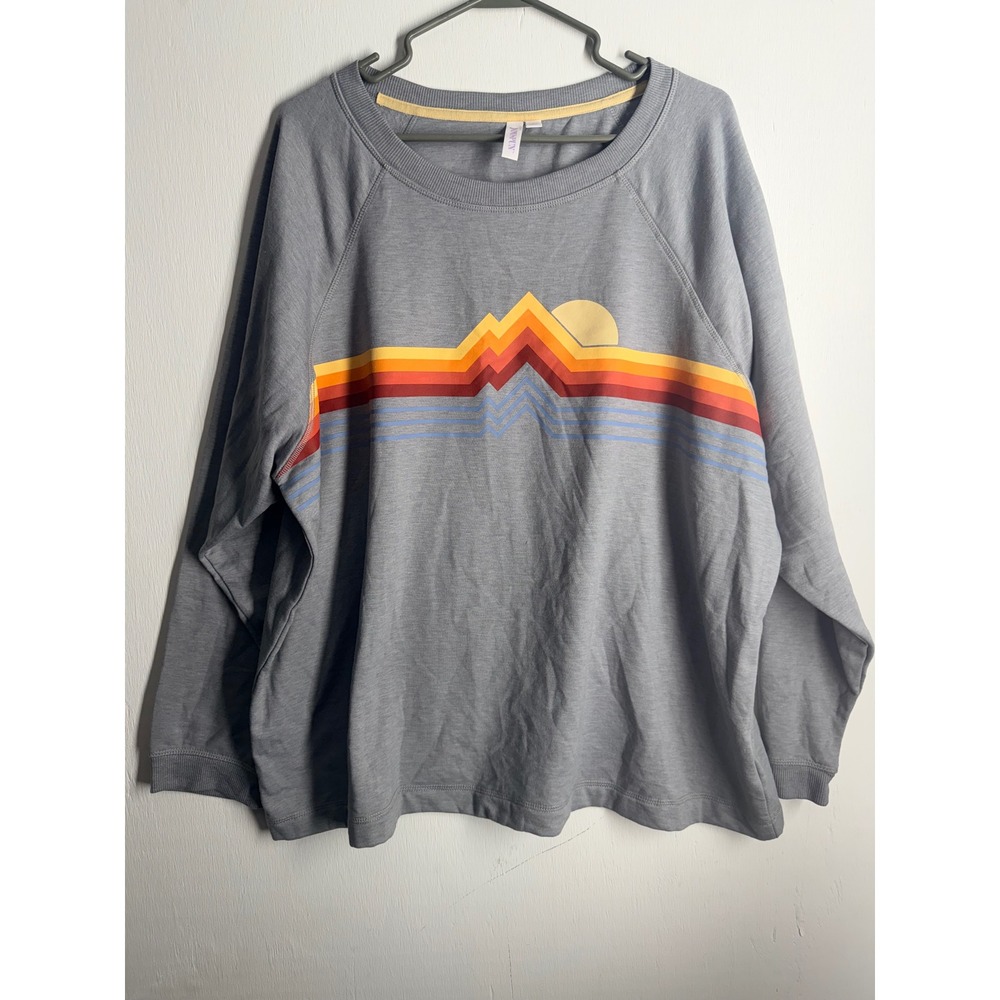 Joyspun Womens 2X Gray Mountain Sunset Graphic Long Sleeve Top Retro Pullover